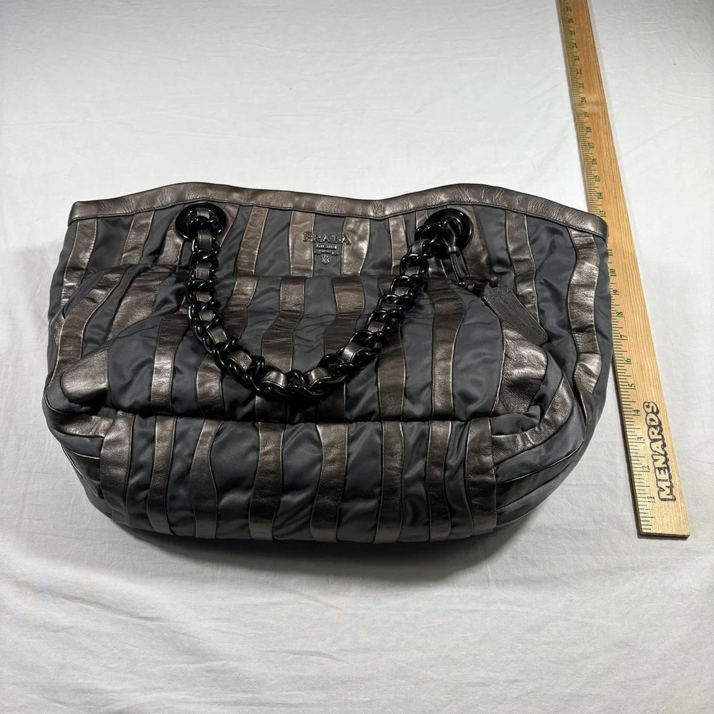 Prada Metalic Napa Tessuto Nylon Mordore Striped Pre-Owned Metallic Chain‎ Tote